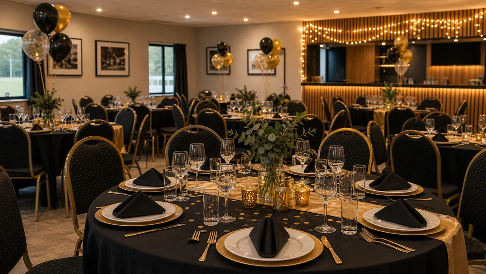 A warm clubhouse event table setup