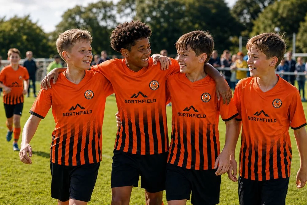Footballers in orange kit on a matchday touchline
